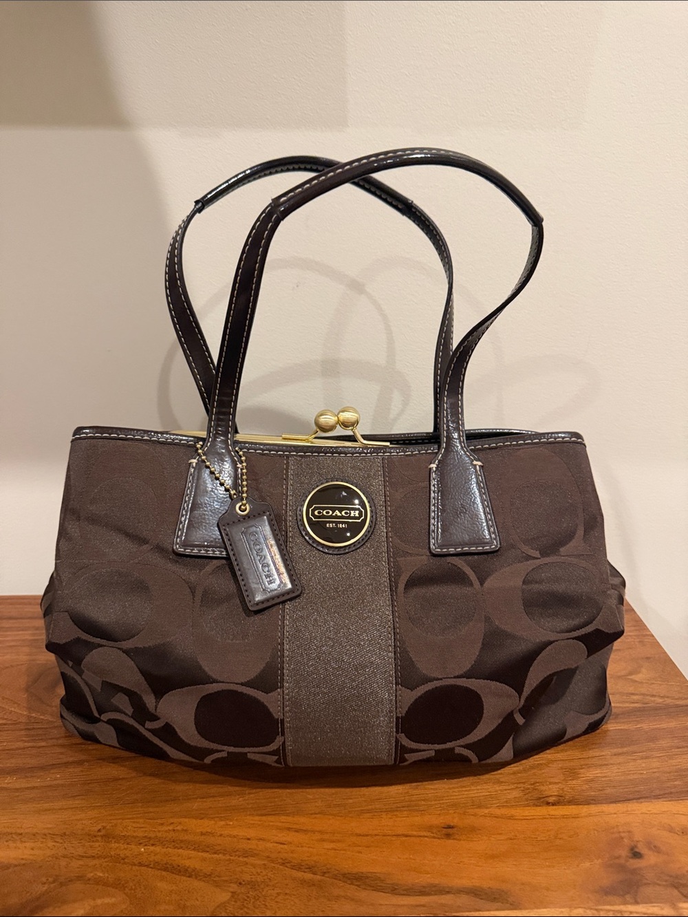 Coach F18036 Y2K Brown Signature Jacquard Kiss Lock Satchel with Gold Accents